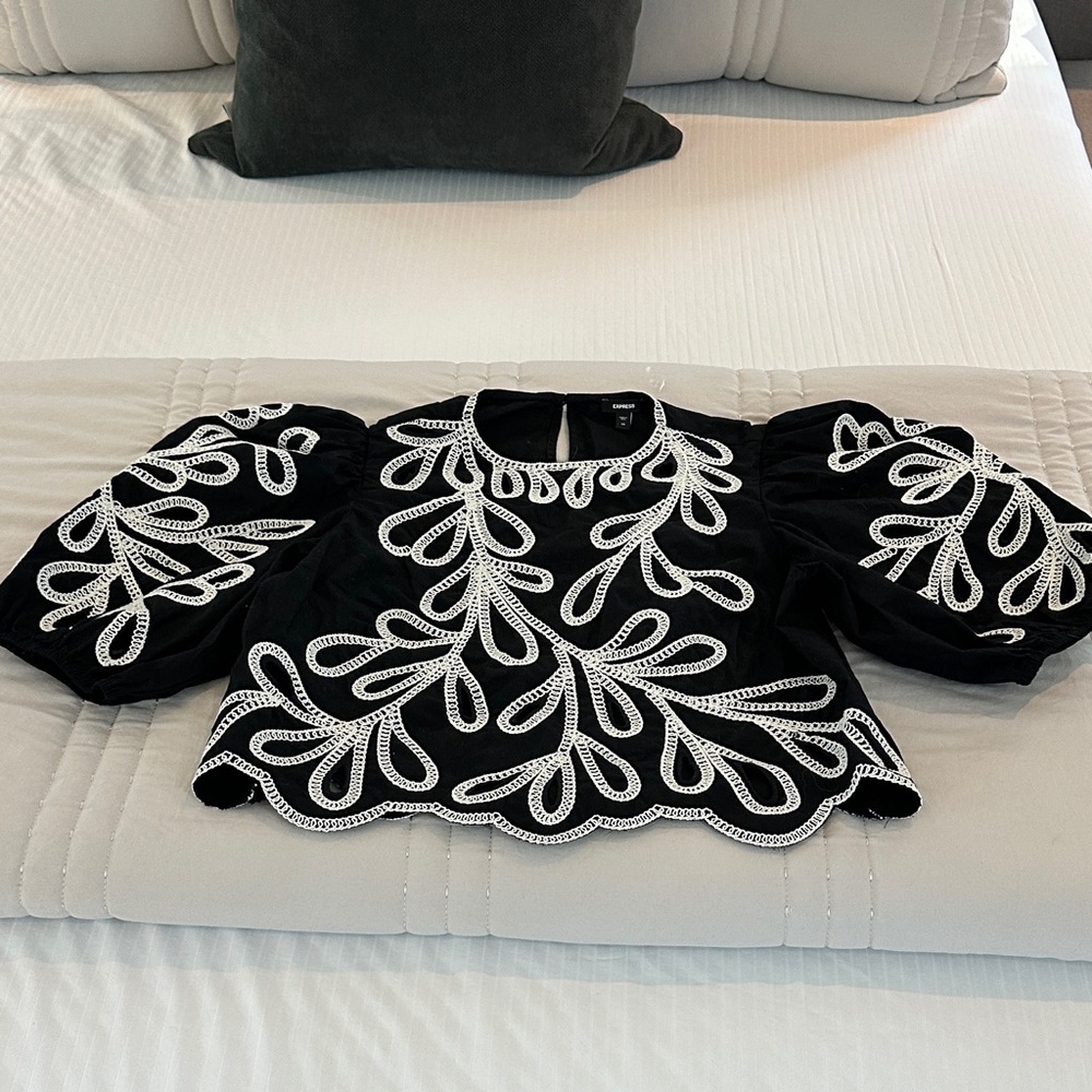 Express Black Blouse with White Embroidery